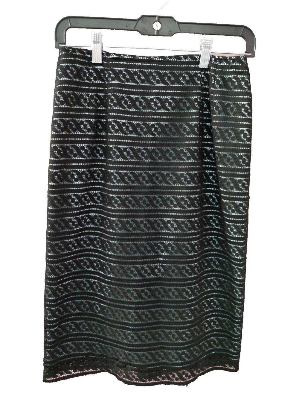 Talbots Size 2P Petite Pencil Skirt Crochet Lace Overlay Black/Lt Blue Back Zip